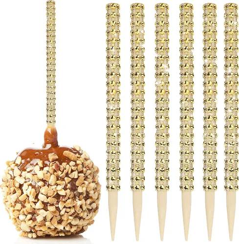 Vista 17 de 32 PIEZAS de Palitos de Manzana de Caramelo Brillantes de Bambú, Brochetas de Punta de Madera con Envoltura de Malla de Diamantes y Pedrería