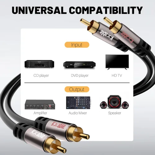 Vista 6 de Cable RCA de 4 pies, 2RCA macho a 2RCA macho cables de audio estéreo, analógico digital blindado dual, cable de subwoofer RCA de 2 RCA para cine