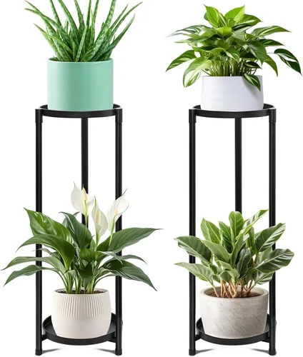 Soporte para plantas de 2 niveles para interiores, soporte alto escalonado de esquina negra para múltiples plantas al aire libre, soportes de metal
