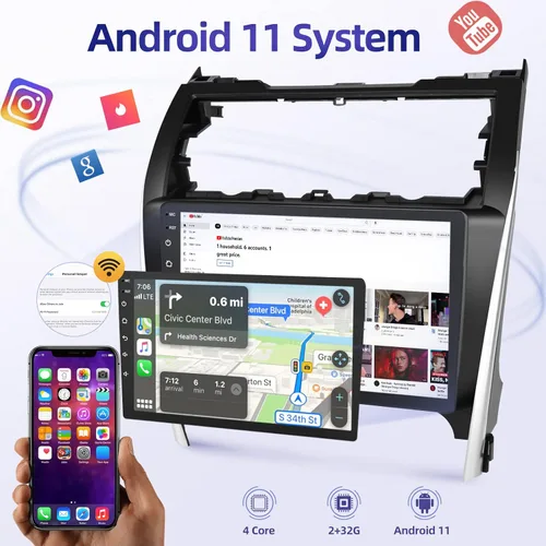 Vista 4 de Estéreo para automóvil Android 11 para Toyota Camry 2012 2013 2014 con Apple Carplay y Android Auto, 2+32G Radio de pantalla táctil de 10.1 pulgadas