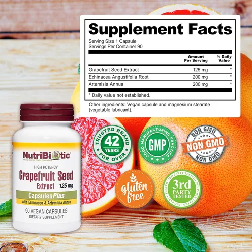 Vista 4 de NutriBiotic Cápsulas de extracto de semilla de pomelo Plus, 125 mg de GSE, 90