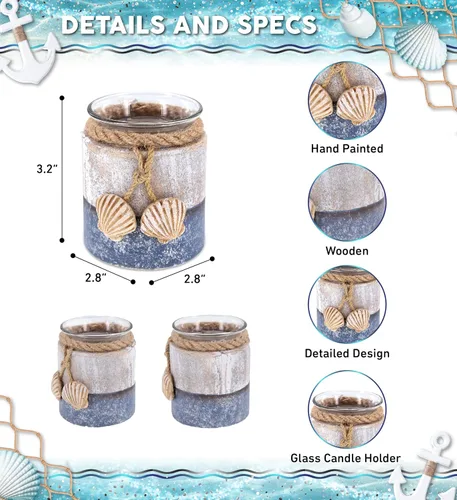 Vista 2 de CoTA Global Portavelas de madera de mar plateado, decoración costera de mesa para el hogar con adornos de conchas marinas, centro de mesa rústico