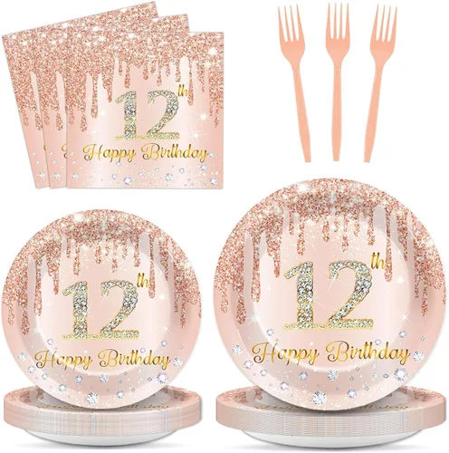 Vista 46 de 96 piezas de platos y servilletas de oro rosa para fiesta de cumpleaños número 9 para niñas, suministros de fiesta de oro rosa, juego de vajilla