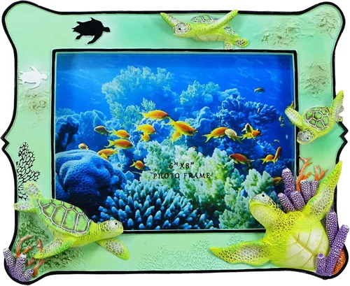 Marco de fotos decorativo de resina de tortuga marina de 6 x 8 pulgadas para mesa. Decoración del hogar con diseño de tortuga marina del océano.