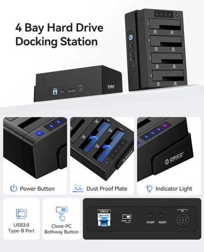 Vista 6 de ORICO Estación de acoplamiento de disco duro externo de 4 bahías USB 3.0 a SATA I/II/III para SSD HDD de 2.5''/3.5'' con función de clon de disco