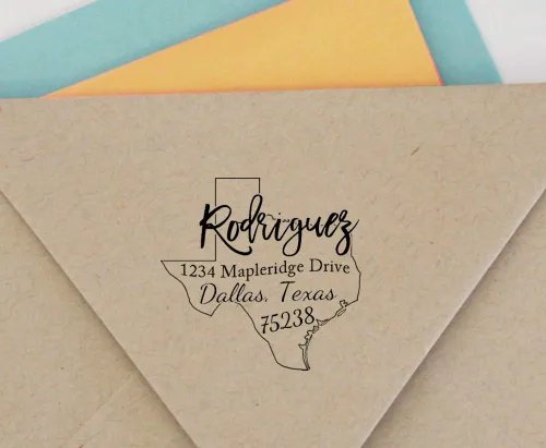 Vista 3 de Printtoo Sello de goma redondo de autoentintado con dirección personalizada de retorno, mapa de Texas, idea de regalo