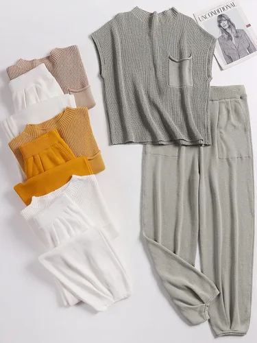 Vista 8 de ANRABESS - Conjunto de dos piezas para mujer, suéter de punto con chaleco, top corto y pantalones de ocio, conjunto de sudadera deportiva a juego