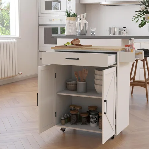 Vista 3 de RASOO Isla de cocina con almacenamiento, carrito de cocina blanco rodante sobre ruedas, estante ajustable, carrito de isla de madera maciza de goma