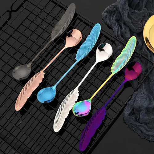 Vista 5 de JASHII 8pcs 18/8 (304) Cuchara de café con plumas de arco iris de acero inoxidable 18/8 (304), tenedor de aperitivo, cubiertos creativos, cucharas