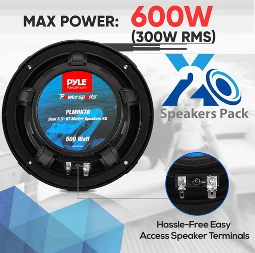 Vista 2 de Pyle PLMRKT8 - Kit de altavoces marinos duales de 6.5 pulgadas, resistente al agua con receptor de control remoto Bluetooth amplificado