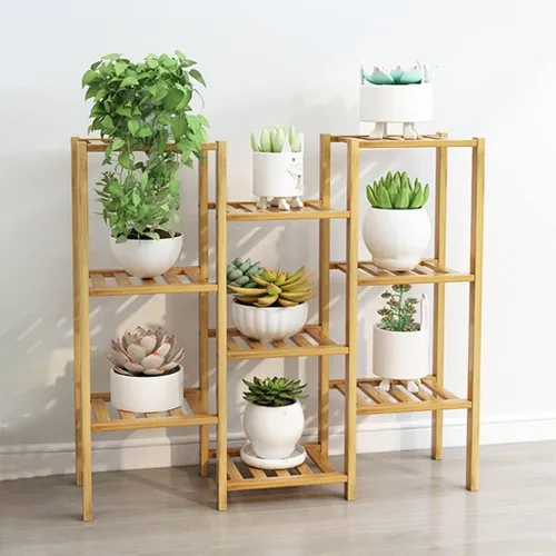 Vista 8 de Soporte para plantas de bambú para interiores y exteriores, soporte de esquina para plantas de interior, múltiples estantes para plantas, estante