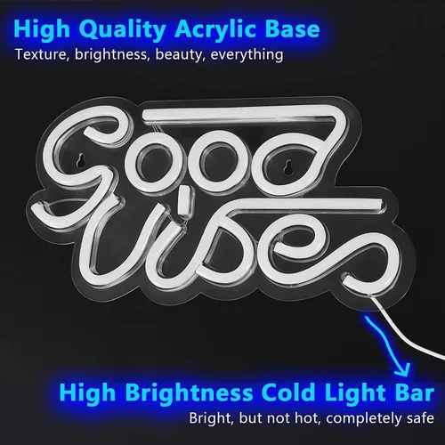 Vista 3 de MOOACE Good Vibes - Letrero de neón, decoración de interiores con alimentación USB, letreros de neón LED para decoración de pared, luz de neón