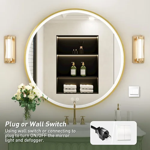 Vista 6 de Espejo LED redondo de 28 pulgadas para baño, espejo de tocador iluminado con marco de metal dorado, círculo montado en la pared con luces