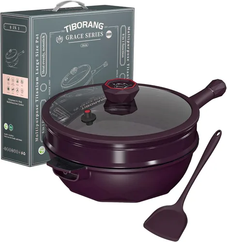 Vista 12 de TIBORANG Sartén antiadherente profunda para freír 8 en 1 multiusos de 11 pulgadas, 5 cuartos de galón, con indicador de calor, tapa de vidrio, mango