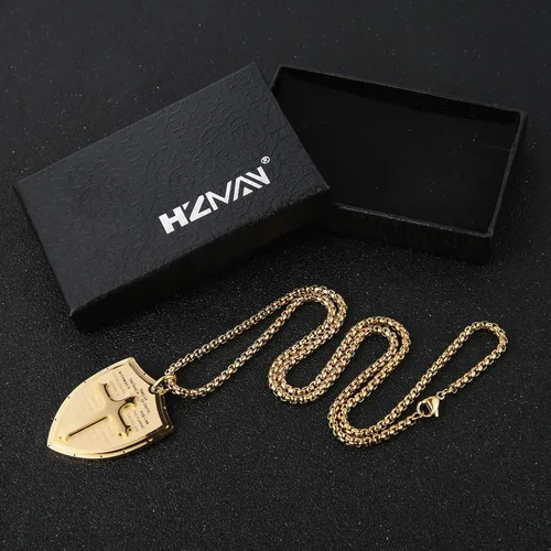 Vista 6 de HZMAN collar de acero inoxidable con pendiente de cruz en escudo símbolo de la armadura de Dios con frase de Efesios 616-17