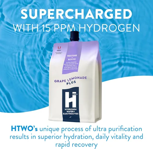Vista 3 de HTWO Plus Agua de hidrógeno molecular con electrolitos, sabor a limonada de uva, paquetes de hidratación sin azúcar, paquete de 6 unidades de 16.9