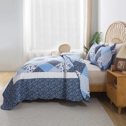 Vista 3 de HoneiLife - Juego de cama de dos piezas, tamaño individual, de microfibra, reversible, de retazos, estilo floral, todas las estaciones