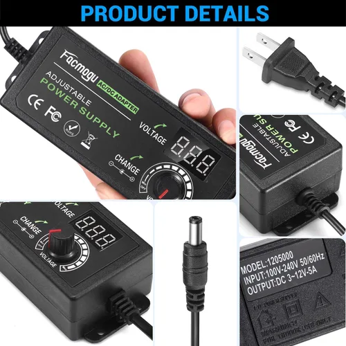 Vista 2 de Facmogu Fuente de alimentación ajustable de 3V-12V 5A 60W con pantalla LED, CC variable 3V 5V 6V 9V 12V Adaptador universal AC/DC, 100V-240V AC a DC