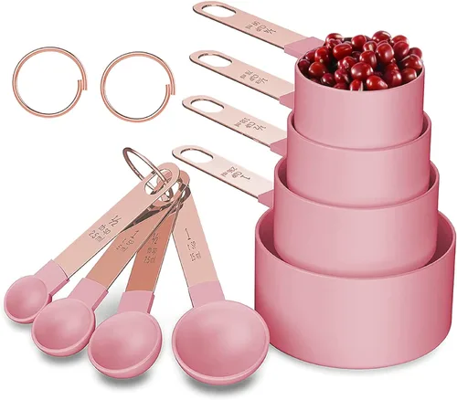 Vista 8 de Juego de tazas y cucharas medidoras con mango de acero inoxidable de oro rosa, 8 cucharadas apilables y precisas para medir ingredientes secos