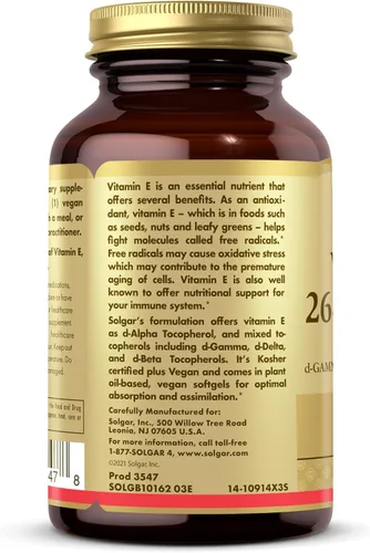 Vista 9 de Solgar Vitamina E 268 mg (400 UI) – 100 cápsulas blandas veganas – de origen natural – Sin OMG, sin gluten – 100 porciones