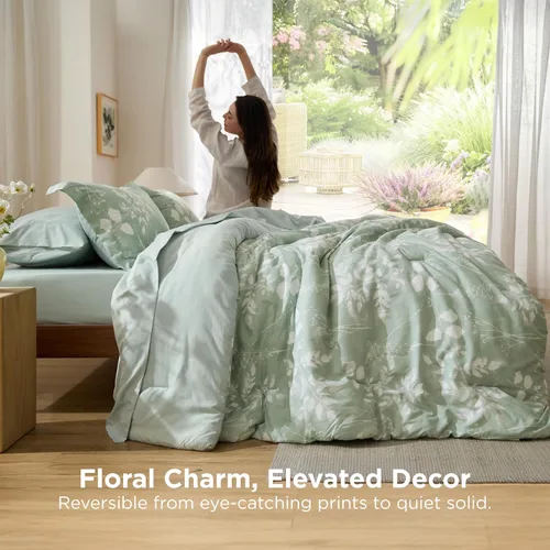 Vista 2 de Bedsure Juego de ropa de cama con edredón tamaño individual de 5 piezas, diseño floral, color verde salvia suave, con edredón, sábanas, funda