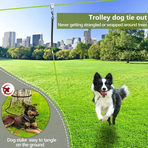Vista 4 de XiaZ Camino de perro de 50 pies para patio línea de carretilla de cable para perros de hasta 250 libras cadena aérea para perros para exteriores