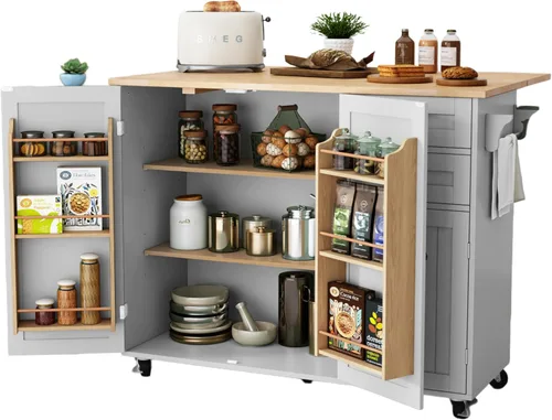 Vista 7 de HLR Isla de cocina con almacenamiento, isla de cocina negra rodante sobre ruedas con encimera de barra con hoja abatible, mesa de isla para cocina
