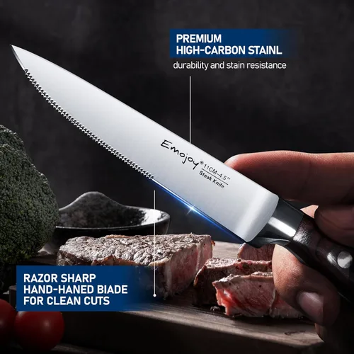 Vista 3 de Emojoy Cuchillos para carne, juego de 8 cuchillos para carne, altamente resistentes y duraderos, cuchillos de carne dentados de acero inoxidable