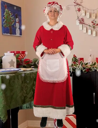 Vista 6 de Svansea Disfraz de Mrs. Claus para mujer, vestido de Navidad de talla grande con capó, delantal, pelucas de cabello blanco y lentes de borde
