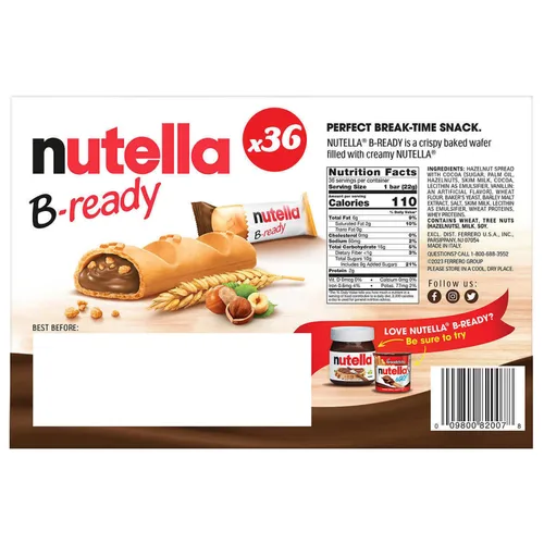 Vista 2 de B-Ready - Barras crujientes de oblea, 36 unidades + mini tarro de vidrio (0.88 onzas), delicioso untado de Nutella con avellana y cacao, aperitivo