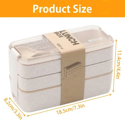 Vista 4 de Caja Bento portátil, lonchera de 3 capas, 30.4 fl oz de paja de trigo para vajilla de almacenamiento de alimentos (beige)