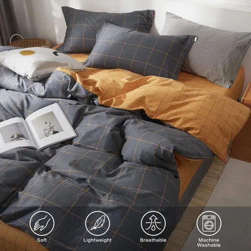Vista 114 de SAPHREAS Juego de funda de edredón de algodón, tamaño King, a cuadros color gris oscuro y gris, geométrico, 3 piezas, 1 funda de edredón y 2 fundas