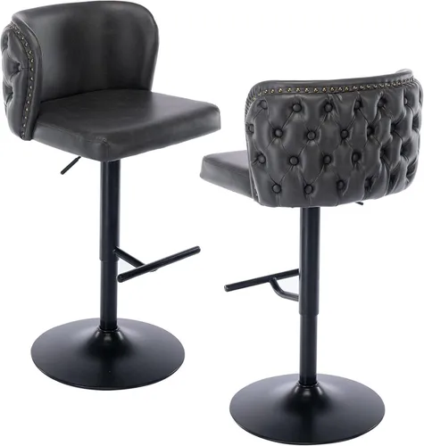 Vista 12 de Juego de 2 taburetes de bar de cuero, taburetes de bar giratorios tapizados de poliuretano, modernos taburetes altos ajustables con respaldo, sillas