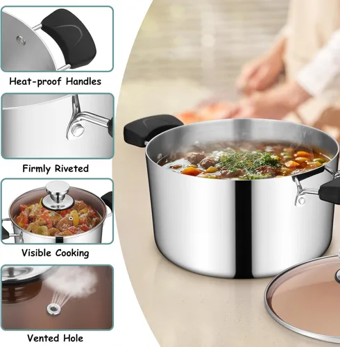 Vista 3 de TeamFar Olla de acero inoxidable, olla de cocción de pasta de tres capas de 6 cuartos con tapa y asas resistentes al calor, para cocina eléctrica