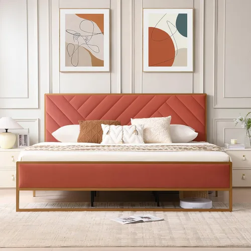 Vista 13 de VELOCAVA Cama tapizada de metal redondeada tamaño King con cabecera única, plataforma de terciopelo suave, almacenamiento de cama con base de metal