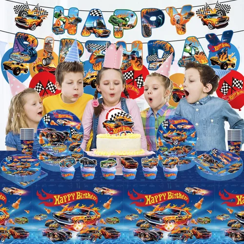 Vista 6 de Vajilla de decoración de cumpleaños de auto caliente, 104 piezas, suministros de fiesta temática de automóvil azul, incluye pancartas, platos