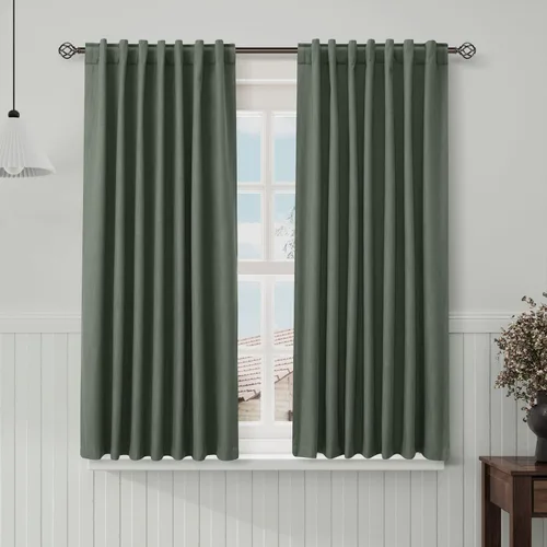 Vista 118 de Cortinas de lino verde aguamarina de 102 pulgadas de largo con pestaña trasera, bolsillo para barra, cortinas de lino opacas que absorben el sonido