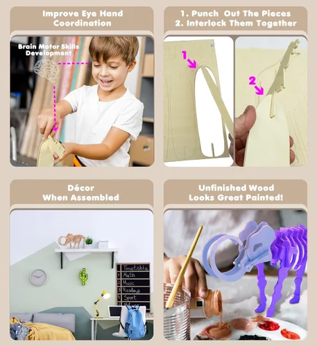 Vista 3 de Puzzled Rompecabezas 3D de madera de mamut lanudo, kit de modelo de construcción de manualidades, divertido juguete único y educativo de madera