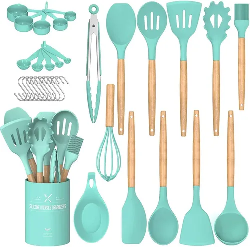 Vista 14 de Umite Chef Juego de utensilios de cocina, 33 piezas de espátulas de cocina de silicona antiadherentes con soporte, mango de madera juego de Negro
