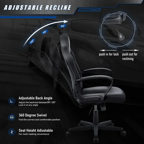 Vista 4 de JUMMICO Silla de juegos de cuero con respaldo alto, 300 libras, silla giratoria con brazos (negro)