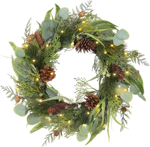 Vista 8 de Corona de Navidad preiluminada para puerta delantera, corona verde decorada con conos de pino, racimos de bayas, ramas de ajuste abundante, coronas