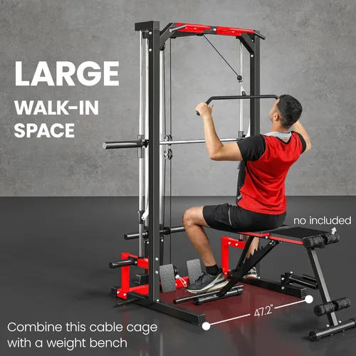Vista 8 de Soozier Power Cage Smith Machine, estante de alimentación multifunción con barra de dominadas, sistema de extracción LAT y estante para sentadillas