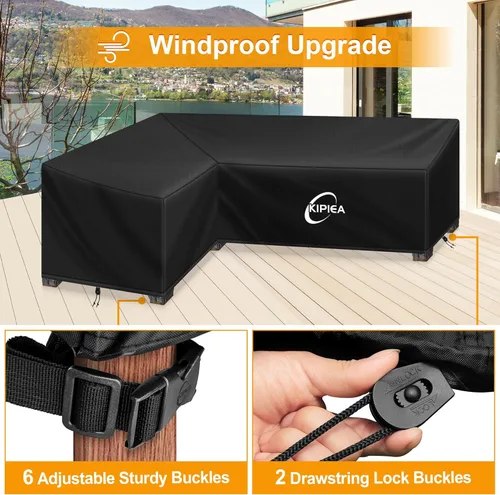 Vista 5 de Kipiea Funda para Sofá Seccional en Forma de L para Patio, Tela Oxford Resistente 420D, Funda Seccional para Exteriores con 6 Hebillas a Prueba