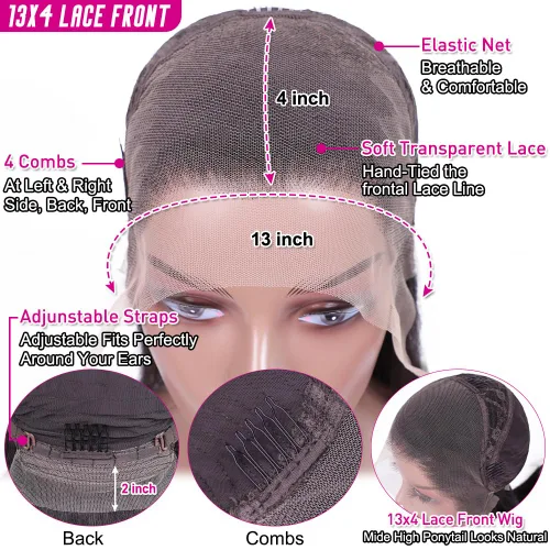 Vista 30 de Hermosa - Pelucas de cabello humano lacio de 13 x 4 para mujeres negras, 9A, densidad del 150 %, peluca de encaje frontal de 26 pulgadas, cabello