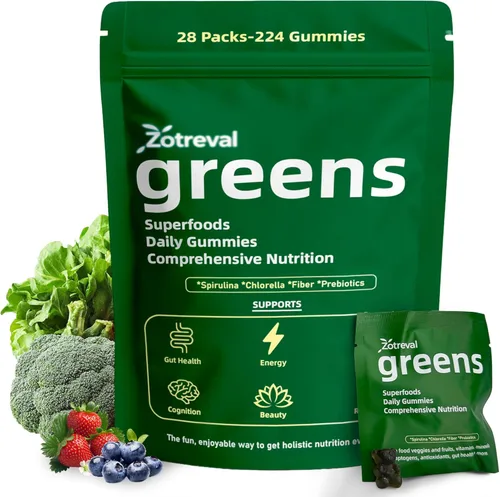Daily Greens, Superfood - Paquetes de gomitas verdes, suplemento de clorella y espirulina con más de 20 prebióticos orgánicos, vitaminas y minerales