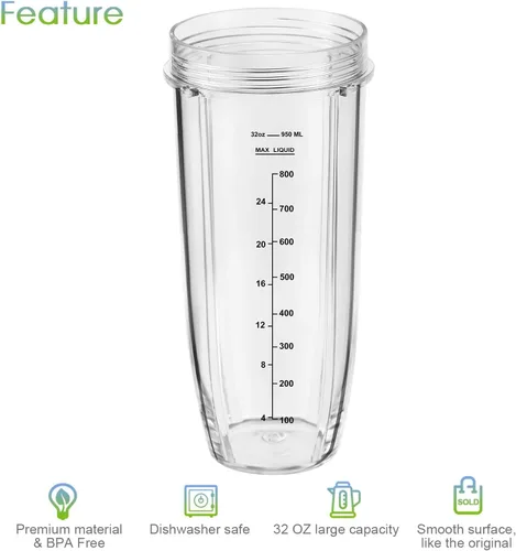 Vista 3 de Pieza de repuesto para licuadora Nutri Ninja, paquete de 2 vasos de repuesto de 32 onzas compatibles con licuadoras Nutri Ninja Auto-iQ Series