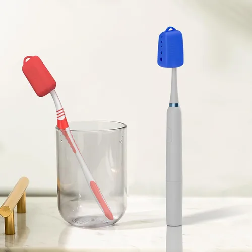 Vista 4 de Paquete de 5 fundas para cepillos de dientes, tapas de silicona para cepillos de dientes eléctricos y manuales, esenciales de viaje