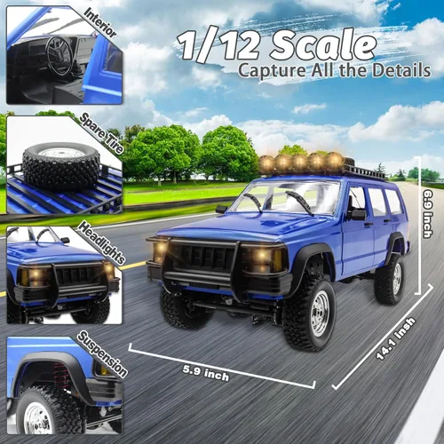 Vista 5 de Fistone Coche de control remoto a escala 1:12, RC Rock Crawler, 2.4Ghz 4WD Off-Road Camión de control remoto con luz LED, vehículo de escalada