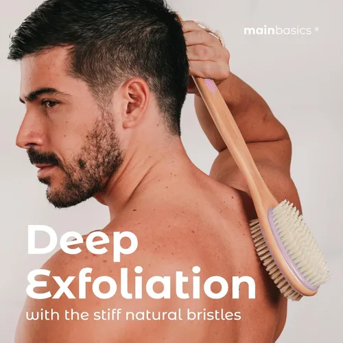 Vista 6 de MainBasics Exfoliador de Espalda para Ducha – Cepillo de Mango Largo de Doble Cara para Lavado Corporal y Exfoliación con Cerdas Exfoliantes