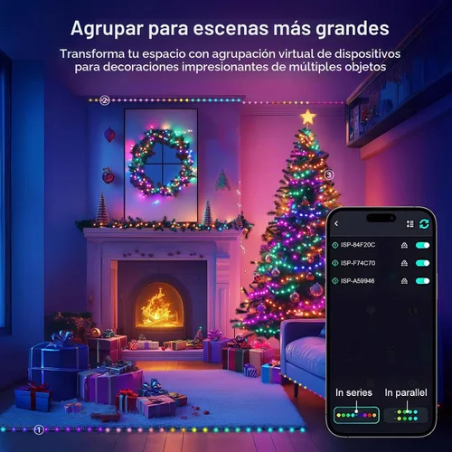 Vista 8 de Super RGB Guirnalda de luces inteligentes de 16.4 pies, 50 luces LED, cadena de luces que cambian de color con control remoto y control